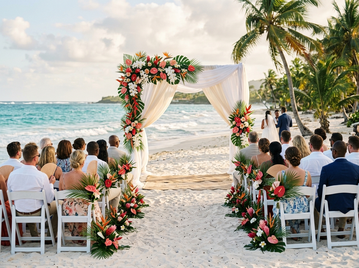 Arche florale tropicale et voilage pour une cérémonie laïque sur la plage en Guadeloupe