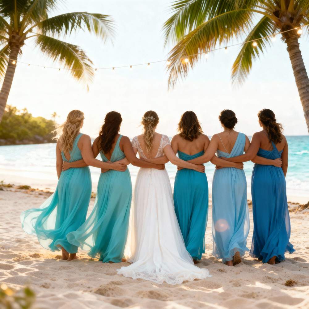Mariée et demoiselles d'honneur sur la plage en Guadeloupe