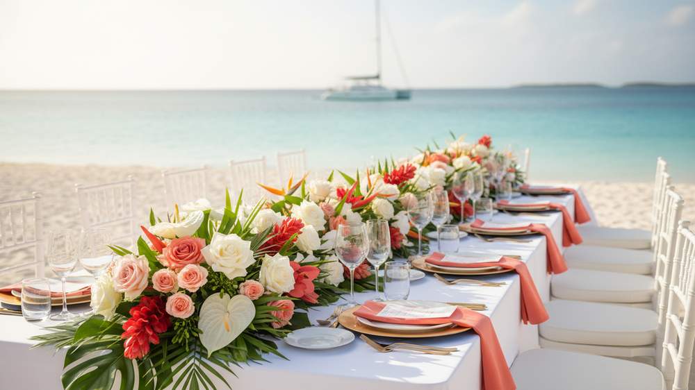 Table de réception fleurie sur la plage