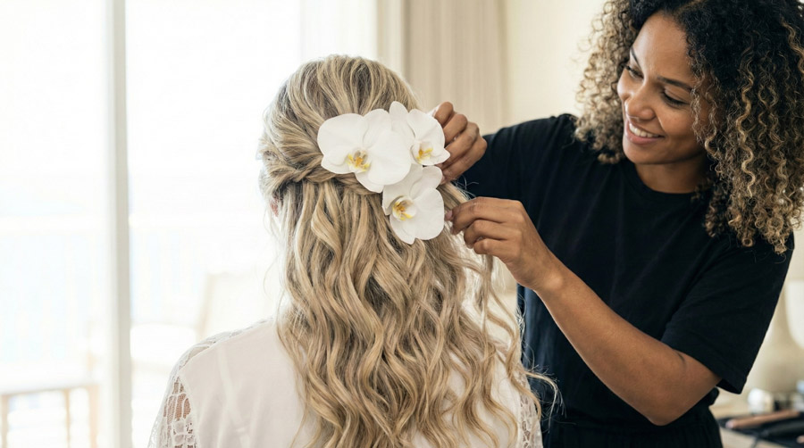 Coiffure de mariée aux orchidées
