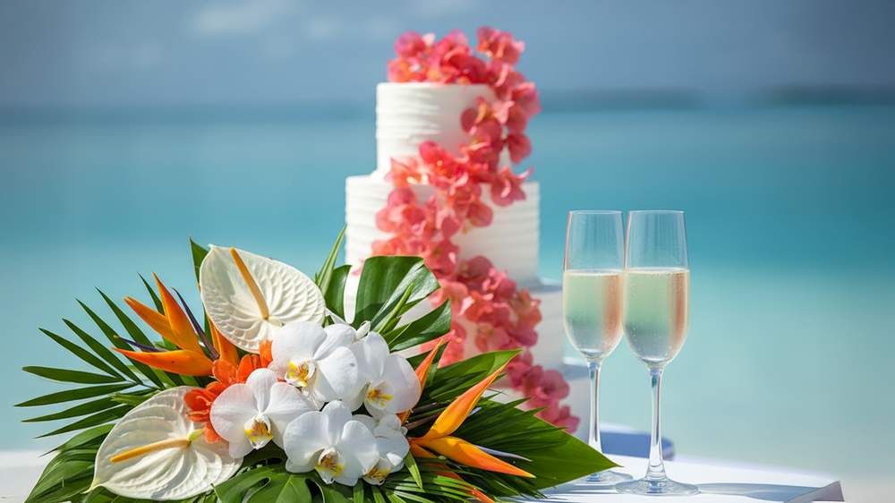 Gâteau de mariage et fleurs tropicales face au lagon